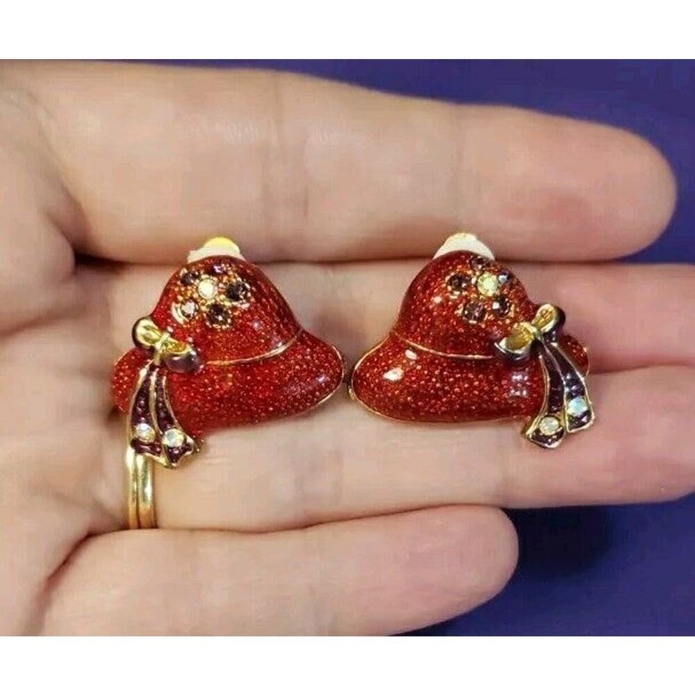 Red Hat Clip On Earrings, Red & Purple Enamel Aurora Borealis Crystals Gold Tone